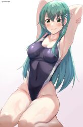 1girl aqua_eyes aqua_hair blush breasts hair_between_eyes hair_ornament hairclip highres kantai_collection kneeling long_hair looking_at_viewer medium_breasts mizuki_(uzuki_no_sato) one-piece_swimsuit smile solo suzuya_(kancolle) swimsuit twitter_username white_background