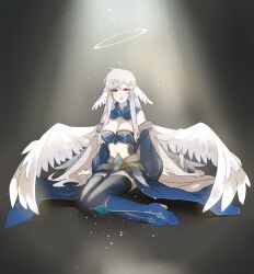 1girl arcane_master_(ragnarok_masters) black_thighhighs blue_boots blue_collar blue_gemstone blue_skirt blue_sleeves blue_tube_top blush boots breasts cleavage collar commentary_request datenshi_no_fu detached_sleeves feathered_wings full_body gem grey_background grey_hair grey_halo grin half-closed_eyes halo head_wings highres large_breasts long_hair looking_at_viewer navel ragnarok_masters ragnarok_online red_eyes sitting skirt smile solo strapless thighhighs traditional_halo tube_top very_long_hair white_wings wings