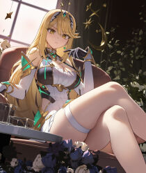 1girl bare_shoulders black_gloves blonde_hair blue_flower blue_rose blush breasts chest_jewel cleavage cleavage_cutout closed_mouth clothing_cutout commentary_request core_crystal_(xenoblade) crossed_legs detached_sleeves dress flower gloves gold_trim green_eyes hand_up headpiece highres hip_vent indoors large_breasts long_hair looking_at_viewer microdress mythra_(xenoblade) rose sitting skindentation solo swept_bangs thick_thighs thigh_strap thighs tiara two-tone_gloves white_dress white_gloves xenoblade_chronicles_(series) xenoblade_chronicles_2 xzu