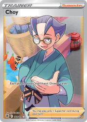1boy ariga_hitoshi artist_name basket card_(medium) character_name choy_(pokemon) company_name copyright_name copyright_notice creatures_(company) english_text game_freak green_kimono japanese_clothes jar kimono male_focus nintendo official_art open_mouth pokemon pokemon_card pokemon_legends:_arceus pokemon_tcg purple_hair round_eyewear sash short_hair smile solo third-party_source trading_card yellow-framed_eyewear