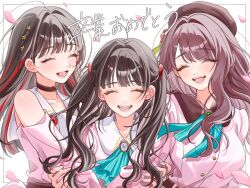 3girls 4th_live_dream_~bloom_the_dream_believers~ :d animification bare_shoulders beret black_hair blunt_bangs blush brown_hair brown_hat clothing_cutout collarbone commentary_request dream_believers dress falling_petals fangs flower hair_flower hair_intakes hair_ornament hanamiya_nina hat link!_like!_love_live! long_hair long_sleeves love_live! multicolored_hair multiple_girls nin_(niyuu_mo9) official_alternate_costume open_mouth petals pink_dress real_life red_flower red_hair rose_petals sasaki_kotoko short_sleeves shoulder_cutout simple_background single_sidelock smile star_(symbol) star_hair_ornament streaked_hair tassel tassel_hair_ornament tears teeth translation_request tsukine_kona two_side_up upper_body voice_actor white_background