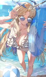 Rule 34 | 1girl, absurdres, bare legs, bikini, blonde hair, blue nails, blue sky, breasts, closed mouth, collarbone, commentary request, crown of thorns, day, fingernails, fleurdelys (wuthering waves), grey eyes, highres, holding, holding swim ring, innertube, kuu (user gngs5284), large breasts, looking at viewer, nail polish, navel, ocean, outdoors, parted bangs, sky, solo, sunglasses, swim ring, swimsuit, tacet mark (wuthering waves), white bikini, wuthering waves