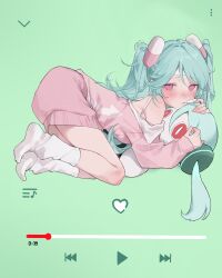1girl absurdres aimaina aqua_hair blush digital_media_player full_body green_background hair_ornament hatsune_miku hatsune_miku_(high_fever) heart highres hugging_doll hugging_object long_hair looking_at_viewer media_player_interface mmmmmoill nose_blush off-shoulder_shirt off_shoulder pajamas pill pill_hair_ornament pink_eyes pink_shirt pink_shorts ringed_eyes shirt shorts simple_background slow_motion_(vocaloid) socks solo stuffed_toy top-down_bottom-up twintails very_long_hair vocaloid white_socks