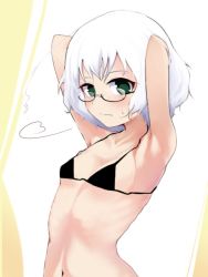 13-gou 1girl armpits bikini bikini_top_only blush breasts closed_mouth glasses green_eyes kagaku_chop looking_at_viewer navel short_hair solo suzuzono_sai swimsuit white_hair