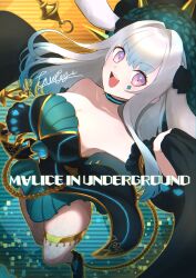 1girl animal_ears armpits artist_name bare_shoulders boots breasts cleavage collarbone detached_sleeves dress duel_monster gold_thighlet green_dress hair_ornament highres holding jewelry large_breasts long_hair looking_at_viewer maliss_&lt;p&gt;_march_hare miniskirt necklace open_mouth pink_eyes rabbit_ears rabbit_girl skirt smile solo spade_(shape) spade_tattoo tattoo teeth thighlet thighs towofuya upper_teeth_only white_hair yu-gi-oh!