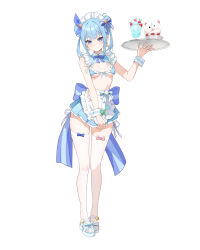 35p_(sakura_miko) absurdres alternate_costume alternate_hairstyle apron back_bow bikini blue_bow blue_eyes blue_hair blue_ribbon blue_skirt blush bow bow_skirt breasts closed_mouth collared_shrug commentary double_bun earrings frilled_apron frilled_bikini frilled_sleeves frills full_body hair_bow hair_bun hair_ribbon hand_up high-waist_skirt highres holding holding_tray hololive hoshimachi_suisei jewelry large_bow looking_at_viewer maid maid_bikini maid_headdress medium_hair miniskirt neck_ribbon pleated_skirt ribbon sandals short_sleeves shrug_(clothing) sidelocks simple_background skirt skirt_tug small_breasts star_(symbol) star_earrings star_in_eye suis_(suis022511) swimsuit symbol_in_eye thighhighs tray twintails unconventional_maid virtual_youtuber white_apron white_background white_thighhighs wrist_cuffs