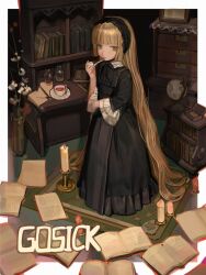 1girl black_dress black_hairband blonde_hair blush book candle carpet cup dress expressionless globe gosick gothic_lolita green_eyes hairband highres hime_cut holding holding_smoking_pipe indoors kofi-mo lolita_fashion long_hair looking_at_viewer parted_lips smoking_pipe solo teacup very_long_hair victorica_de_blois