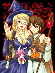 2boys 2girls animal_costume blonde_hair blue_eyes book rabbit_costume chibi cosplay glasses halloween happy_halloween hat jack-o&#039;-lantern khamsin_nbh&#039;w long_hair margery_daw multiple_boys multiple_girls piku pumpkin pumpkin_costume satou_keisaku shakugan_no_shana warlock wilhelmina_carmel witch witch_hat