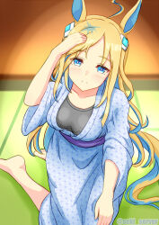1girl ahoge alternate_costume animal_ears blonde_hair blue_eyes blue_hair blue_kimono blush breasts colored_inner_hair commentary_request ear_ornament highres horse_ears horse_girl horse_tail indoors japanese_clothes kimono long_hair long_sleeves medium_breasts multicolored_hair neo_universe_(umamusume) on_ground seki_(hyokosho) smile solo streaked_hair tail tatami twitter_username umamusume very_long_hair wide_sleeves