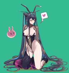 asymmetrical_legwear blue_hair breasts bubble clothing_cutout colored_inner_hair goddess_of_victory:_nikke green_background groin heart high_heels highleg highleg_leotard highres hyotenka_ichido leotard little_mermaid_(abyss_flower)_(nikke) long_hair looking_at_viewer multicolored_hair speech_bubble twintails very_long_hair yellow_eyes