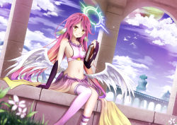 10s 1girl angel_wings arch architecture asakurashinji asymmetrical_gloves asymmetrical_legwear bare_shoulders bird black_gloves blurry blush book breasts bridal_gauntlets chess_piece cloud collarbone depth_of_field dutch_angle feathered_wings female_focus flower gloves gradient_hair grass groin halo highres holding holding_book jibril_(no_game_no_life) kneehighs knees_together_feet_apart long_hair looking_at_viewer low_wings magic_circle midriff mismatched_gloves mismatched_legwear multicolored_hair navel no_game_no_life outdoors parted_lips pillar pink_hair planet purple_hair purple_socks sideboob single_kneehigh single_sock single_thighhigh sitting sky sleeveless smile socks solo spiked_halo symbol-shaped_pupils thighhighs torn_clothes torn_gloves very_long_hair white_wings wings yellow_eyes