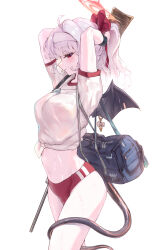 1girl absurdres bag blue_archive blue_bag blush bow buruma closed_mouth demon_girl demon_tail demon_wings gun hair_bow hands_in_own_hair haruna_(blue_archive) haruna_(track)_(blue_archive) headband highres holding holding_bag holding_gun holding_weapon navel official_alternate_costume official_alternate_hairstyle ponytail red_bow red_buruma red_eyes rifle shirt single_wing smile solo stomach sunnysideup sweat tail tail_around_own_leg tied_shirt weapon wet wet_clothes wet_shirt white_headband white_shirt wings