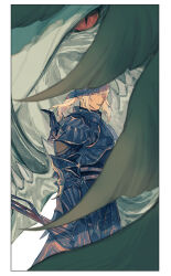 1boy armor blue_eyes border breastplate cowboy_shot dragon dragoon_(final_fantasy) elezen elf estinien_varlineau final_fantasy final_fantasy_xiv gauntlets highres holding holding_polearm holding_weapon looking_at_viewer male_focus medium_hair one_eye_covered pauldrons pointy_ears polearm ponytail red_eyes sharp_teeth shoulder_armor size_difference slit_pupils standing teeth tomita tusks vrtra_(final_fantasy) weapon white_border white_hair wing_hug wings
