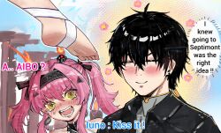 1boy 2girls 2na_(blue2na) bad_tag barefoot black_bow black_hair blush bow closed_eyes closed_mouth commentary earrings english_commentary english_text hair_between_eyes hair_bow hairband headgear highres iuno_(wuthering_waves) jewelry long_hair looking_at_another lupa_(wuthering_waves) male_rover_(wuthering_waves) metal_hairband multiple_girls multiple_hair_bows open_mouth pink_hair red_pupils rover_(wuthering_waves) smile toes twintails wuthering_waves yellow_eyes