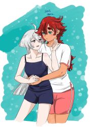 Rule 34 | 2girls, 715piro gon, absurdres, black camisole, black shorts, blue background, blue eyes, border, camisole, closed mouth, commentary, grey eyes, gundam, gundam suisei no majo, hand on another&#039;s face, hashtag-only commentary, highres, holding hands, hug, hug from behind, long hair, miorine rembran, multiple girls, parted lips, pink shorts, pout, red hair, shirt, short sleeves, shorts, suletta mercury, sweatdrop, thick eyebrows, white border, white shirt, yuri
