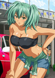 1girl ahoge alternate_costume aqua_hair bandeau bare_arms bare_legs bare_shoulders black_bandeau black_tube_top blush car collarbone dark-skinned_female dark_skin day eyebrows_hidden_by_hair eyes_visible_through_hair garage green_eyes grey_shorts hair_between_eyes hand_on_leg hand_on_own_hip hand_on_own_leg hand_on_own_thigh holding holding_wrench ikkitousen leaning_forward looking_at_viewer midriff motor_vehicle navel open_mouth outdoors red_car ryofu_housen shiny_skin short_hair short_shorts shorts shy solo standing stomach strapless tube_top twintails wrench