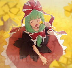 1girl blunt_bangs bow closed_eyes commission frilled_bow frilled_ribbon frills from_above front_ponytail ginkgo_leaf green_hair hair_bow hair_ribbon highres hiwokawa holding holding_leaf kagiyama_hina leaf red_bow red_ribbon ribbon skeb_commission smile solo touhou twitter_username watermark