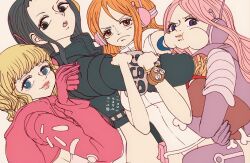 4girls bad_tag bangle bare_shoulders black_hair black_jacket blonde_hair blue_eyes bracelet brown_eyes cropped_jacket frown headset highres hug jacket jewelry jewelry_bonney jewelry_bonney_(egghead) kiakawatsuji leather leather_jacket lipstick log_pose long_hair looking_at_another looking_at_viewer looking_to_the_side makeup midriff multiple_girls nami_(one_piece) nami_(one_piece)_(egghead) nico_robin nico_robin_(egghead) official_alternate_costume one_piece orange_hair pink_hair pout puffy_cheeks purple_eyes radio_antenna short_hair simple_background stussy_(one_piece) twitter_username vegasuit white_background