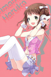 1girl amami_haruka armpits beats_by_dr._dre breasts brown_hair cleavage female_focus headphones idolmaster idolmaster_(classic) luxury_(idolmaster) medium_breasts midriff multicolored_eyes navel pleated_skirt short_hair skirt solo thighhighs tiv white_thighhighs wrist_cuffs
