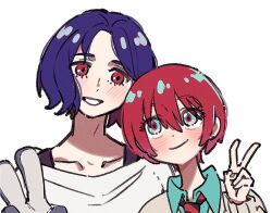 1boy 1girl amate_yuzuriha aqua_eyes blue_hair blush collared_shirt colored_inner_hair commentary_request gundam gundam_gquuuuuux karaage_unai looking_at_another multicolored_hair necktie open_mouth purple_hair red_eyes red_hair school_uniform shirt short_hair shuji_ito simple_background smile sweater two-tone_hair upper_body v white_background white_shirt
