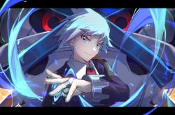 1boy black_jacket blue_eyes blue_hair collared_shirt gen_3_pokemon highres jacket jewelry letterboxed looking_at_viewer mega_metagross mega_pokemon metagross necktie nintendo pokemon pokemon_(anime) pokemon_(creature) pokemon_journeys red_necktie ring shirt short_hair smile steven_stone upper_body vincapuca white_shirt