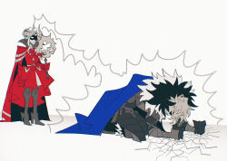 1boy 1girl all_fours angry armored_gloves axe behind_another bent_over black_boots black_fur black_gloves black_suit blonde_hair blue_cape bodysuit boots breaking broken cape clenched_hands closed_mouth collared_cape commentary curly_hair dimitri_alexandre_blaiddyd dimitri_alexandre_blaiddyd_(timeskip) double_bun dress edelgard_von_hresvelg edelgard_von_hresvelg_(timeskip) english_commentary eyepatch fake_horns fire_emblem fire_emblem:_three_houses formal_clothes from_side fur-trimmed_cape fur_trim gloves grey_background hair_bun hair_up headpiece high_collar highres holding holding_axe holding_weapon horns kneeling long_sleeves meme nervous_sweating nintendo on_floor one-eyed projecting_my_period_cramps_(meme) red_cape red_dress shaded_face short_hair simple_background standing suit sweat t0bey weapon white_hair