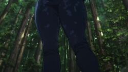 1girl animated arato_nagi black_hair blush breasts dress earrings female_focus forest from_below jewelry large_breasts looking_at_viewer nature open_mouth outdoors piercing ruri_no_houseki smile solo solo_focus sound standing talking thick_thighs thighs video
