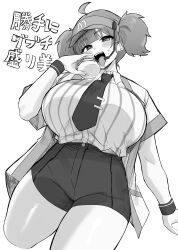 Rule 34 | 1girl, absurdres, alternate breast size, blunt bangs, breasts, burger, food, greyscale, highres, holding, holding burger, holding food, hotate-chan, huge breasts, imadake dabuchi tabemi, looking at viewer, mcdonald&#039;s, monochrome, necktie, open mouth, shirt, short hair, shorts, simple background, solo, teeth, thighs, translation request, twintails, upper teeth only, visor cap, white background