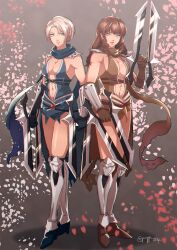 2girls armor armored_boots assassin_cross_(ragnarok_online) blue_eyes blue_leotard blue_scarf boots breasts brown_hair brown_leotard brown_scarf cleavage closed_mouth commentary dagger dual_wielding elbow_gloves english_commentary expressionless full_body gloves highres holding holding_dagger holding_knife holding_weapon jamadhar knife leotard long_hair looking_at_viewer medium_breasts multiple_girls navel pauldrons petals ragnarok_online revealing_clothes scarf short_hair shoulder_armor squaffle1 standing vambraces weapon white_hair