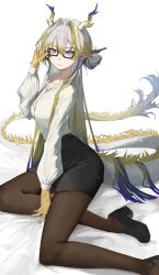 1girl absurdres alternate_costume arknights black_pantyhose black_skirt blonde_hair blue_hair closed_mouth collared_shirt colored_extremities dragon_horns eastern_dragon_tail glasses grey_hair hair_between_eyes hair_intakes hand_up highres horns hrk_(dxez4457) long_hair long_sleeves looking_at_viewer multicolored_hair office_lady pantyhose pointy_ears puffy_sleeves shirt shu_(arknights) sitting skirt smile solo white_shirt