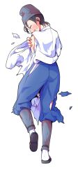 1boy black_hair black_hat black_sandals blue_pants blush closed_eyes dairi full_body hat highres holding_own_arm japanese_clothes kimono large_variant_set long_sleeves male_focus open_mouth pants profile sandals shingyoku_(male) shingyoku_(touhou) short_hair simple_background solo standing standing_on_one_leg sweatdrop tachi-e tate_eboshi torn_clothes torn_pants touhou touhou_(pc-98) transparent_background variant_set white_kimono