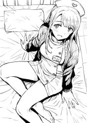 1girl bare_legs barefoot blush cardigan character_name dress from_above greyscale hat highres idolmaster idolmaster_million_live! indoors long_hair long_sleeves monochrome name_tag nurse nurse_cap on_bed open_cardigan open_clothes pillow sitting smile solo tanaka_kotoha tsurui