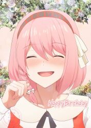 1girl braid fire_emblem fire_emblem_engage grey_hairband hair_ribbon hairband happy_birthday highres lapis_(fire_emblem) looking_at_viewer nintendo pink_eyes pink_hair red_hairband ribbon side_braid solo sylphy_fe two-tone_hairband white_ribbon