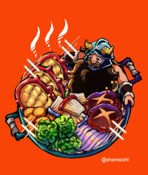 1boy :p beard cabbage dungeon_meshi dwarf facial_hair fake_horns from_above helmet horned_helmet horns in_bowl in_container long_beard male_focus mushroom mustache potato senshi_(dungeon_meshi) shameichi sitting solo sparkle sparkling_aura thick_mustache tongue tongue_out very_long_beard wok