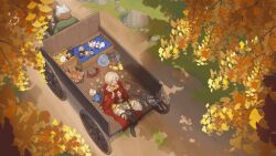 1boy 1girl animal_ears basket blonde_hair bouquet bread breasts brown_shoes cape character_doll character_request closed_eyes daisy_(flower) dress fish fishbowl flower food fubkzm highres hiyumi_nao holding holding_smoking_pipe indie_virtual_youtuber long_hair rabbit red_cape rock shadow shoes sitting smoking_pipe third-party_source u_u unworn_shoes virtual_youtuber weapon white_flower white_hair yellow_shoes