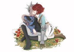 Rule 34 | 2girls, absurdres, artist name, black boots, black cape, blue jacket, blue shirt, boots, brown boots, cape, couter, crossed legs, dress, english text, flower, full body, gauntlets, grey hair, hair ornament, highres, jacket, kiss, kneeling, long hair, marsha (reverse:1999), military uniform, multiple girls, on grass, on ground, pants, ratanan, red flower, red hair, reverse:1999, sentinel (reverse:1999), shirt, short hair, shoulder belt, sitting, watermark, white background, white dress, white pants, yuri