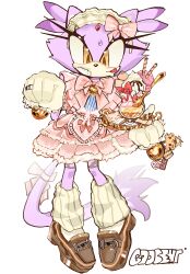 1girl :d absurdres alternate_costume animal_ears bandage_on_face bandages blaze_the_cat blush bow brown_footwear cat_ears cat_girl cat_tail dress eyelashes food forehead_jewel frilled_dress frills fruit full_body furry furry_female gloves gold_bell gyaru highres hime_gyaru hime_lolita holding holding_plate i3lessings ice_cream_cup leg_warmers lolita_fashion looking_at_viewer maid_headdress open_mouth pink_bow pink_dress plate purple_fur purple_hair short_sleeves short_twintails simple_background smile solo sonic_(series) spoon standing strawberry strawberry_slice sweatdrop tail twintails white_background white_gloves white_leg_warmers yellow_eyes
