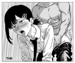 1boy 1girl absurdres ahegao blush chainsaw_man fujimoto_tatsuki_(style) greyscale hetero higashiyama_kobeni highres looking_at_viewer monochrome non-web_source open_mouth pants sex tns