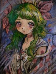 1girl absurdres blood blood_from_mouth blush bow choker expressionless green_hair highres hwitmsikt long_hair looking_at_viewer off_shoulder original parted_lips red_eyes solo upper_body