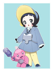 1girl :o black_eyes black_gloves black_hair blush_stickers border commentary_request dress eyelashes garibo gloves grey_dress grey_jacket grey_pupils grey_shoes highres jacket long_sleeves medium_hair nintendo open_mouth outline pantyhose pleated_dress pokemon pokemon_(creature) pokemon_sv poppy_(pokemon) shoes standing tinkatink white_border yellow_pantyhose