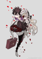 1boy 1girl black_bonnet black_dress black_hair blonde_hair blue_eyes bonnet briefcase carrying carrying_person curly_hair dress eyepatch flower flower_over_eye frilled_bonnet frilled_sleeves frills gothic_lolita green_eyes grey_background hair_between_eyes hairband highres holding holding_suitcase hood hood_down hoodie kamijou_touma lolita_fashion lolita_hairband long_hair long_sleeves othinus pants petals princess_carry qyzhiaiyisheng rose shoes short_hair simple_background spiked_hair suitcase toaru_majutsu_no_index