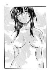 1girl bath breasts closed_eyes female_focus greyscale highres inoue_sora long_hair mitsurugi_ryouko monochrome nude official_art real_bout_high_school scan showering solo steam wet