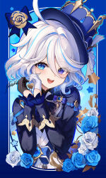 1girl artist_name asymmetrical_gloves blue_eyes blue_flower blue_hair blue_rose blue_sash commentary flower furina_(genshin_impact) genshin_impact gloves hair_between_eyes heterochromia long_hair looking_at_viewer mismatched_gloves multicolored_hair open_mouth pioko rose sash solo streaked_hair symbol-only_commentary two-tone_hair weapon