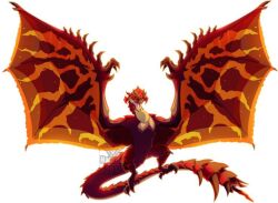 artist_request black_claws capcom claws creature dreadking_rathalos dynamic_pose fantasy fire fire_dragon full_body horns looking_at_viewer monster orange_wings scales source spread_wings tail white_background wings