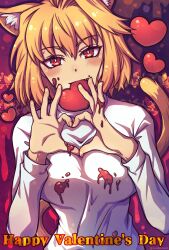 Rule 34 | ahoge, animal ear fluff, animal ears, arcueid brunestud, biting, breasts, candy, cat ears, cat girl, cat tail, chocolate, chocolate heart, chocolate on body, chocolate on breasts, chocolate on face, english text, fang, finger heart, food, food on body, food on face, happy valentine, heart, heart-shaped food, highres, isurugiratone, large breasts, looking at viewer, red eyes, short hair, smile, sweater, tail, tsukihime, turtleneck, turtleneck sweater, type-moon, valentine, white sweater