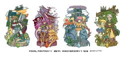 2boys 3girls aircraft airship animal barrel bartz_klauser bird boco boots bow brooch brown_footwear brown_hair cape castle chocobo coat copyright_name cropped_jacket crystal dragon dress dual_wielding facial_hair faris_scherwiz final_fantasy final_fantasy_v fire galuf_halm_baldesion grey_hair hair_bow headband highres hiryuu_(ff5) hiryuu_(final_fantasy_v) holding holding_polearm holding_spear holding_sword holding_weapon jewelry krile_mayer_baldesion_(ff5) lenna_charlotte_tycoon miri_(mirik) moogle multiple_boys multiple_girls mustache necklace old old_man phoenix pink_hair pirate_ship planted polearm purple_hair ring rock short_hair siblings simple_background sisters sitting smile spear staff sword syldra thick_eyebrows tree weapon