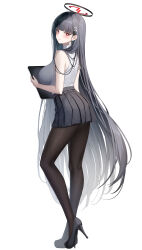 1girl absurdres alternate_costume ass bare_arms bare_shoulders black_hair black_pantyhose black_skirt blue_archive blunt_bangs blush breasts bright_pupils closed_mouth contrapposto eyelashes from_behind full_body hair_intakes hair_ornament hair_over_shoulder hairclip halo high_heels highres holding large_breasts light_smile long_hair looking_at_viewer looking_back miniskirt pantyhose parted_lips pleated_skirt red_eyes ringed_eyes rio_(blue_archive) sab_(sab2500) simple_background skirt sleeveless sleeveless_turtleneck solo standing straight_hair thighs turtleneck very_long_hair white_background white_pupils