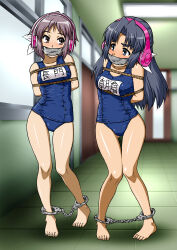 2girls absurdres arms_behind_back asakura_ryoko bdsm blue_eyes blue_hair blush bondage bound breasts brown_eyes cleave_gag cloth_gag cuffs daikinbakuju full_body gag gagged grey_hair highres improvised_gag legs long_hair medium_breasts multiple_girls nagato_yuki old_school_swimsuit rope school_swimsuit sensory_deprivation short_hair small_breasts standing suzumiya_haruhi_no_yuuutsu swimsuit tape tape_gag