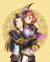 Rule 34 | akechi mitsuhide (sengoku musou), armor, black hair, black skirt, braid, cape, father and daughter, feather hair ornament, gold trim, green eyes, hair ornament, hosokawa gracia, hug, japanese clothes, kimono, lifting person, long hair, one eye closed, oni, pleated skirt, ponytail, purple eyes, red hair, sengoku musou, skirt, smile, thighhighs, white thighhighs