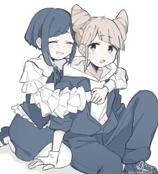 2girls closed_eyes collared_shirt commentary_request cone_hair_bun diagonal_bangs double_bun frilled_shirt frilled_sleeves frills fukurai_azami gloves hair_bun hamu_(hamusand) highres hug hug_from_behind jumpsuit knee_up limited_palette long_sleeves multiple_girls open_mouth pantyhose partially_fingerless_gloves puffy_sleeves shirt shoes short_hair sidelocks simple_background sitting skirt smile sneakers tomarigi_yasumi toshi_densetsu_kaitai_center white_background